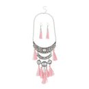 Jeweljunk Rhodium Plated Pink Thread Necklace Set - 1111705B