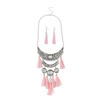 Jeweljunk Rhodium Plated Pink Thread Necklace Set - 1111705B