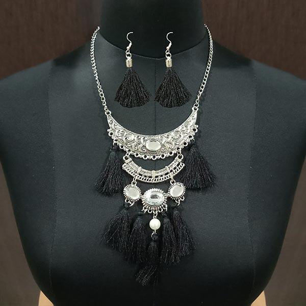 Jeweljunk Black Thread Rhodium Plated Necklace Set - 1111705C
