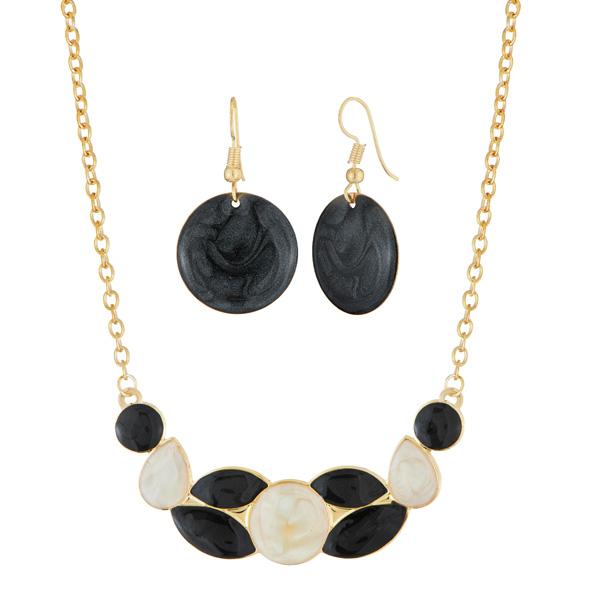 Urthn Gold Plated Black Enamel Necklace Set - 1112102F