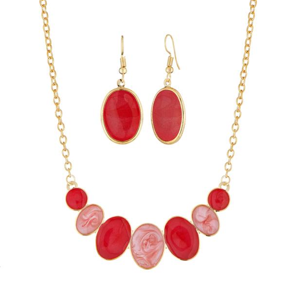 Urthn Gold Plated Red Enamel Necklace Set - 1112104B