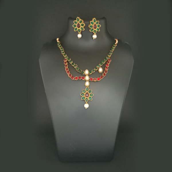 Midas Touch Maroon Kundan Stone Gold Plated Necklace Set - 1112201A