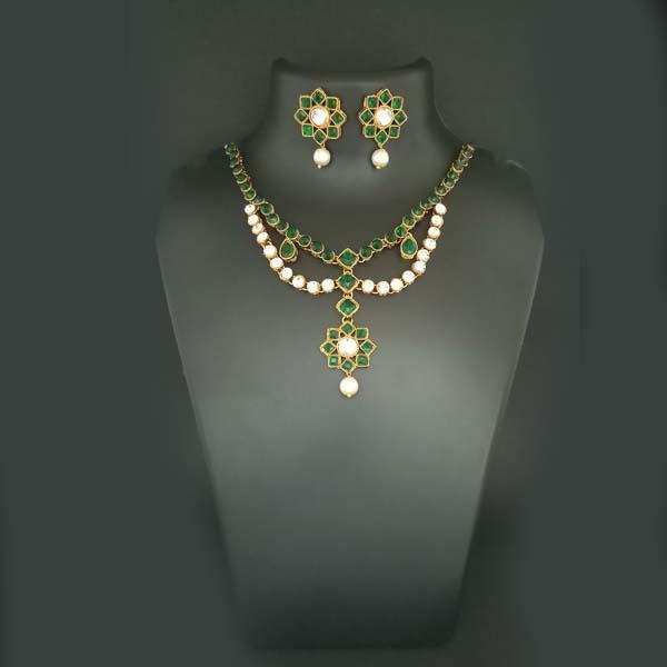 Midas Touch Gold Plated Green Kundan Stone Necklace Set - 1112202B