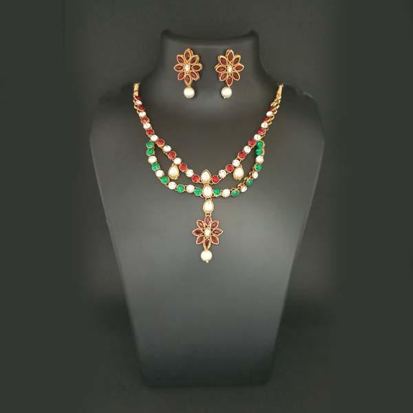Midas Touch Maroon Kundan Stone Gold Plated Necklace Set - 1112204A