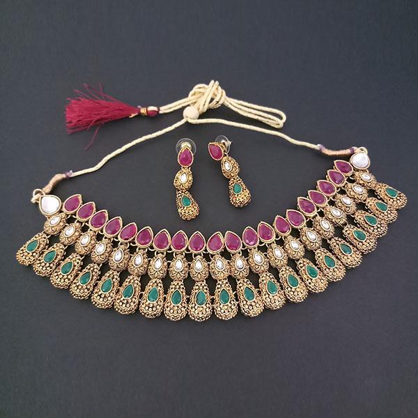 Midas Touch Maroon Kundan Stone Gold Plated Necklace Set - 1112207A