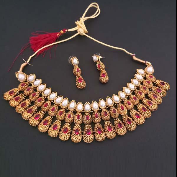 Midas Touch Pink Kundan Stone Gold Plated Necklace Set - 1112207B