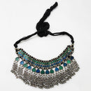 Jeweljunk Green Meenakari Rhodium Plated Statement Necklace - 1112404C