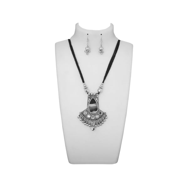 Jeweljunk Black Oxidised Plated  Glass Statement Necklace Set - 1112603