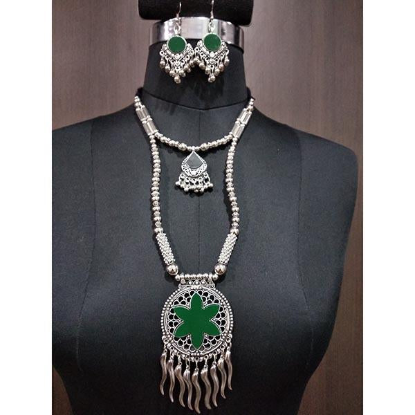 Jeweljunk Green Beads Drop Navratri Necklace Set - 1112819B