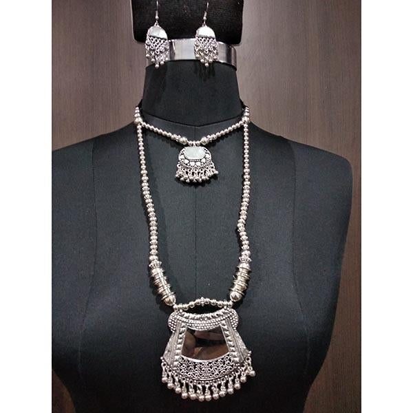 Jeweljunk Glass Rhodium Plated Navratri Necklace Set - 1112822