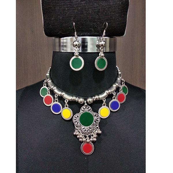 Jeweljunk Rhodium Plated Multicolor Beads Navratri Necklace Set - 1112828A