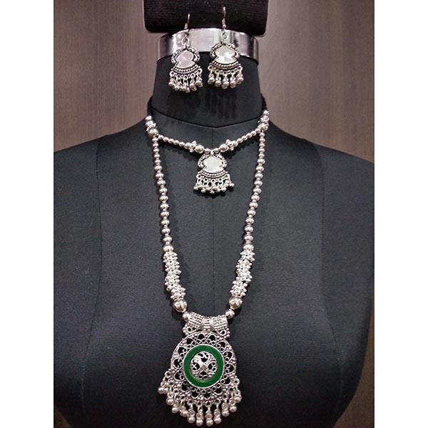 Jeweljunk Green Meenakari Rhodium Plated Navratri Necklace Set - 1112835A