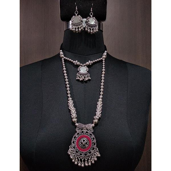 Jeweljunk Pink Meenakari Rhodium Plated Navratri Necklace Set - 1112835C