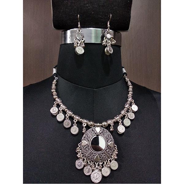 Jeweljunk Glass Drop Rhodium Plated Navratri Necklace Set - 1112843