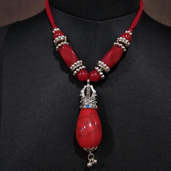 Jeweljunk Maroon Beads Rhodium Plated Navratri Necklace Set - 1112851B