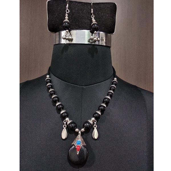 Jeweljunk Rhodium Plated Black Beads Navratri Necklace Set - 1112856A