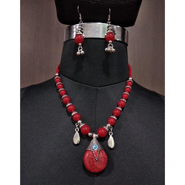 Jeweljunk Rhodium Plated Red Beads Navratri Necklace Set - 1112856B