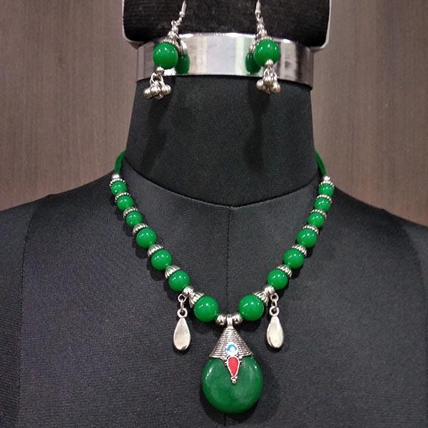 Jeweljunk Rhodium Plated Green Beads Navratri Necklace Set - 1112856D