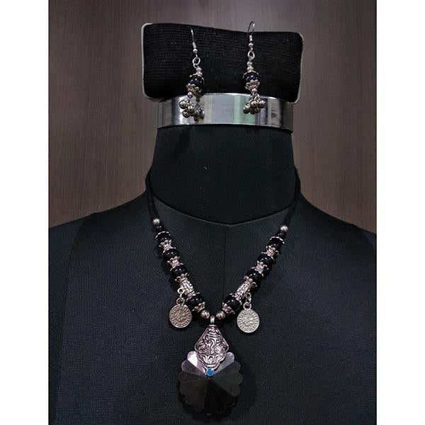 Jeweljunk Rhodium Plated Black Beads Navratri Necklace Set - 1112857A