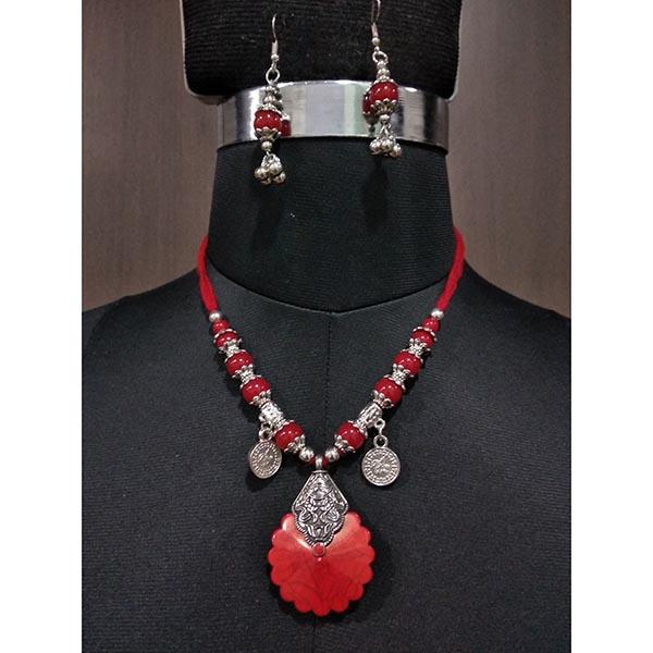 Jeweljunk Red Beads Rhodium Plated Navratri Necklace Set - 1112857C