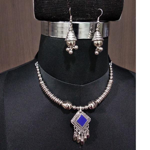 Jeweljunk Blue Rhodium Plated Navratri Necklace Set - 1112858C