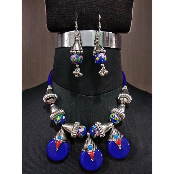 Jeweljunk Rhodium Plated Blue Beads Navratri Necklace Set - 1112860C