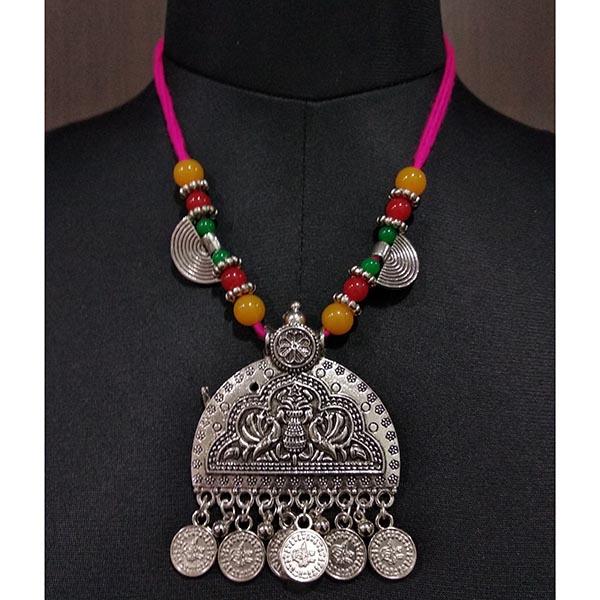 Jeweljunk Multicolor Beads Rhodium Plated Navratri Necklace Set - 1112861B