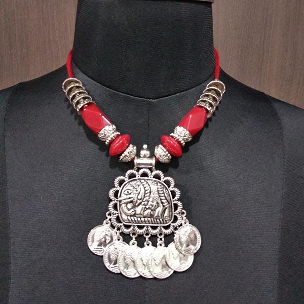 Jeweljunk Red Beads Rhodium Plated Elephant Design Navratri Special Necklace Set - 1112862B