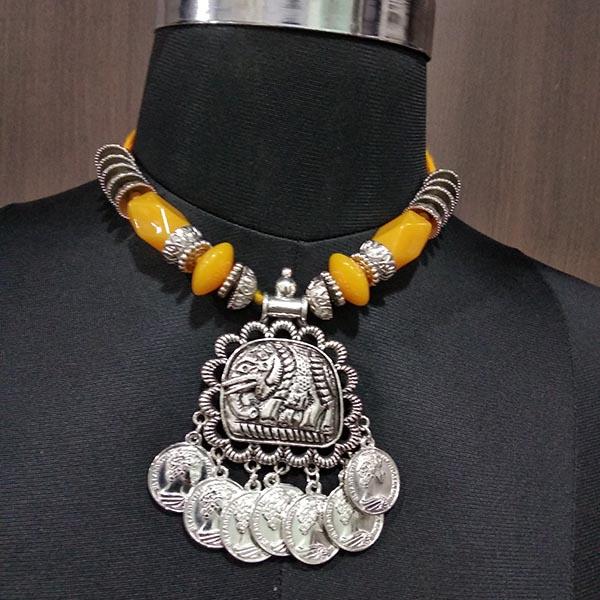 Jeweljunk Yellow Beads Rhodium Plated Elephant Design Navratri Special Necklace Set - 1112862D