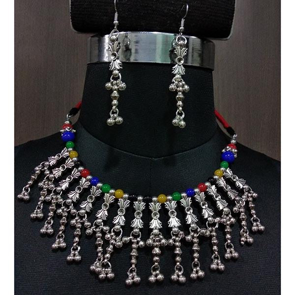 Jeweljunk Rhodium Plated Multicolor Beads Navratri Necklace Set - 1112869