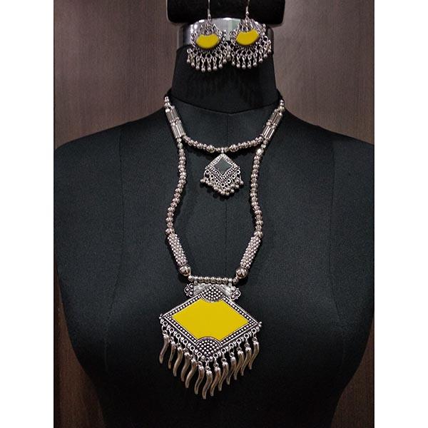 Jeweljunk Yellow Beads Rhodium Plated Navratri Necklace Set - 1112878B