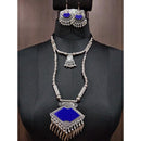 Jeweljunk Blue Beads Rhodium Plated Navratri Necklace Set - 1112878C