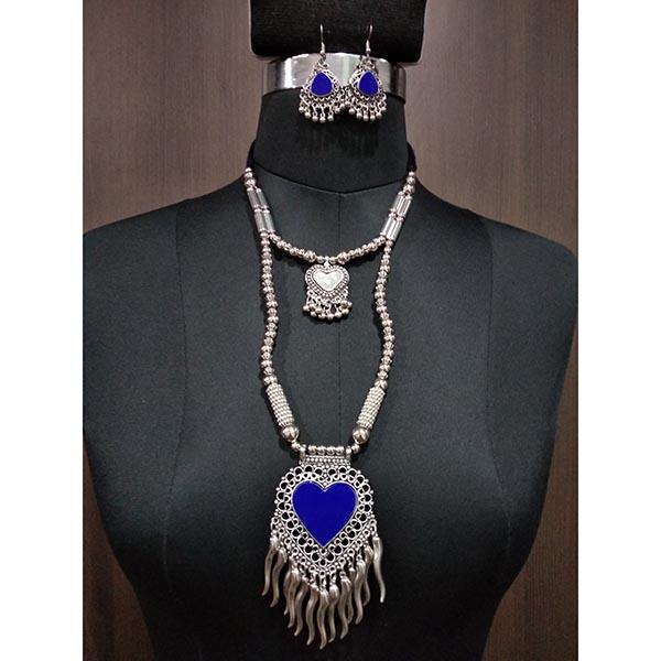 Jeweljunk Blue Beads Rhodium Plated Heart Design Navratri Necklace Set - 1112879A