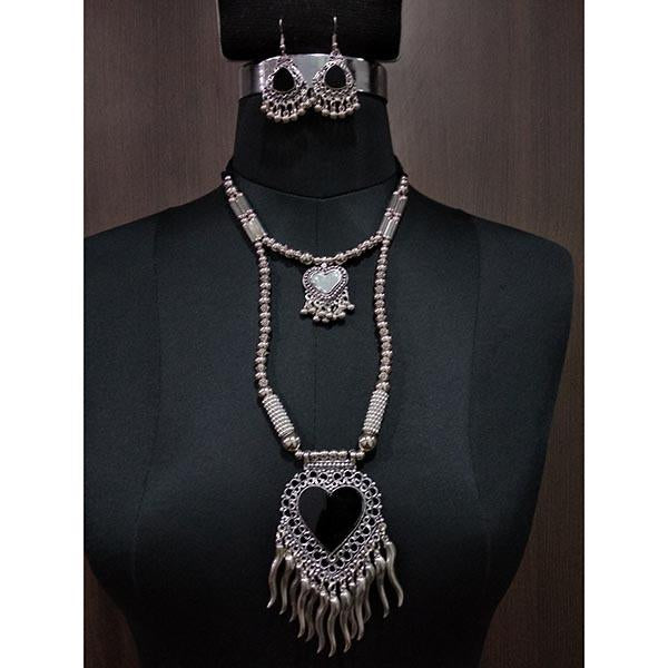 Jeweljunk Black Beads Rhodium Plated Heart Design Navratri Necklace Set - 1112879B