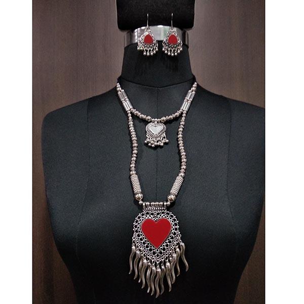 Jeweljunk Red Beads Rhodium Plated Heart Design Navratri Necklace Set - 1112879C