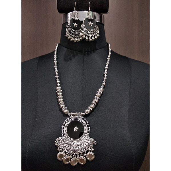 Jeweljunk Black Beads Rhodium Plated Navratri Necklace Set - 1112880B