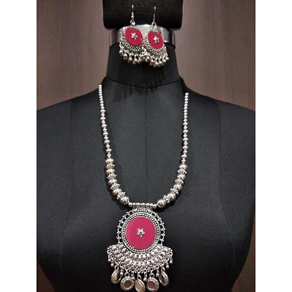 Jeweljunk Pink Beads Rhodium Plated Navratri Necklace Set - 1112880C