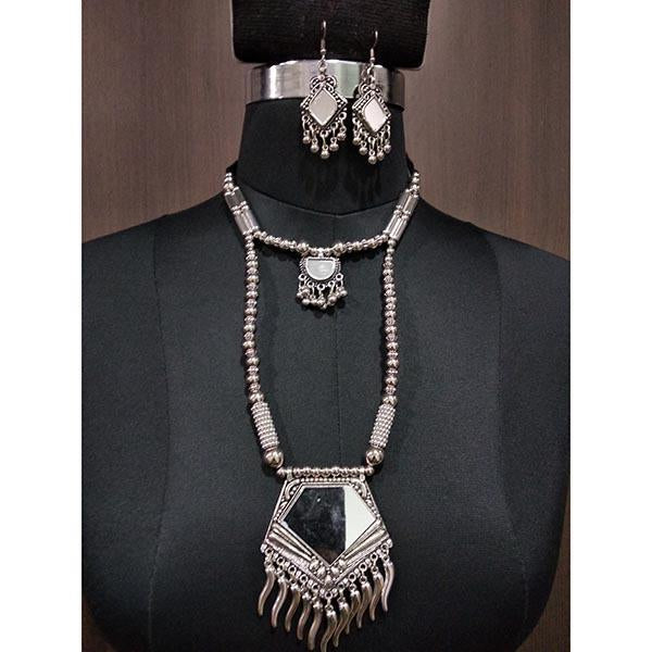 Jeweljunk White Beads Rhodium Plated Navratri Necklace Set - 1112881A