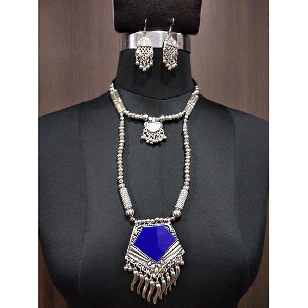 Jeweljunk Blue Beads Rhodium Plated Navratri Necklace Set - 1112881B