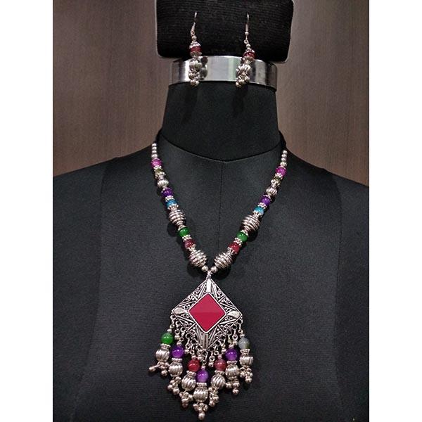 Jeweljunk Multicolor Beads Rhodium Plated Navratri Necklace Set - 1112882B