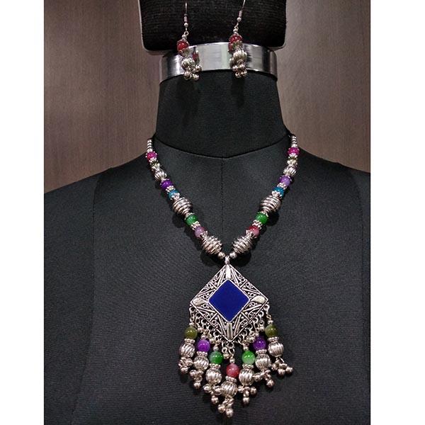 Jeweljunk Rhodium Plated Multicolor Beads Navratri Necklace Set - 1112882C