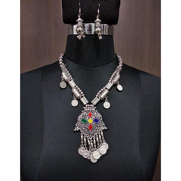 Jeweljunk Rhodium Plated Multicolor Beads Navratri Necklace Set - 1112883