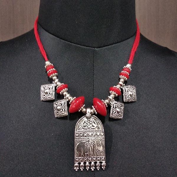 Jeweljunk Rhodium Plated Red Beads Choker Navratri Necklace - 1112902A
