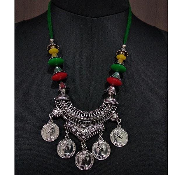 Jeweljunk Beads Coins Rhodium Plated Thread Navratri Necklace - 1112904B