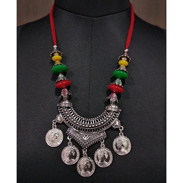 Jeweljunk Rhodium Plated Beads Coins Thread Navratri Necklace - 1112904D