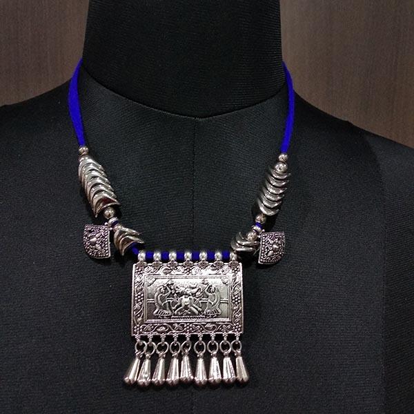 Jeweljunk Rhodium Plated Blue Thread Navratri Necklace - 1113026B