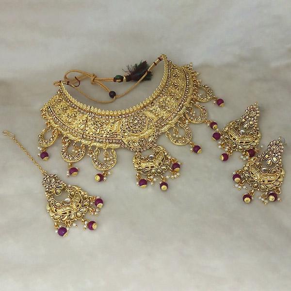 Kriaa Gold Plated Brown Austrian Stone Choker Necklace Set With Maang Tikka - 1113504B