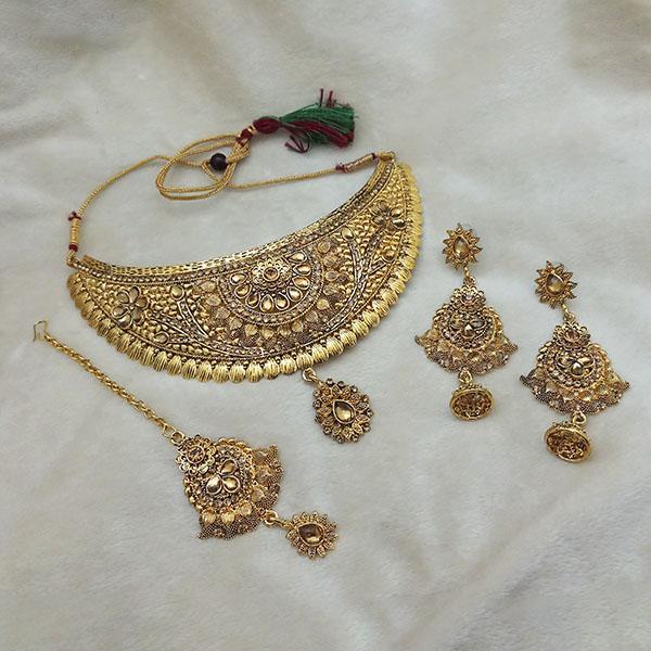 Kriaa Gold Plated Brown Kundan Choker Necklace Set With Maang Tikka - 1113606