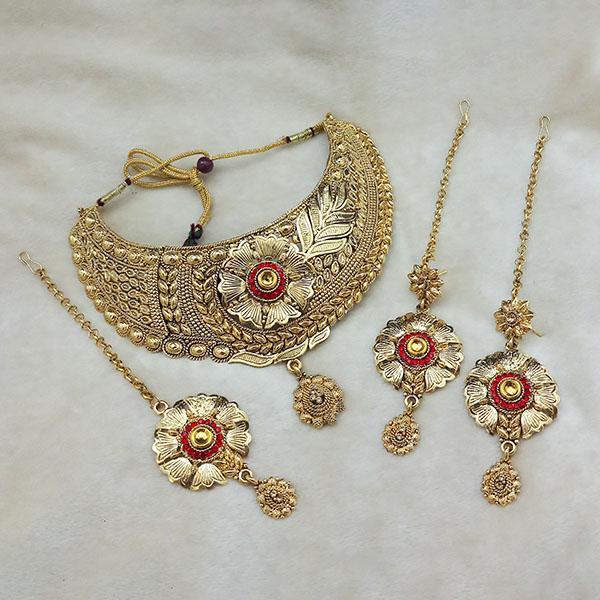 Kriaa Gold Plated Brown Kundan Choker Necklace Set With Maang Tikka - 1113621