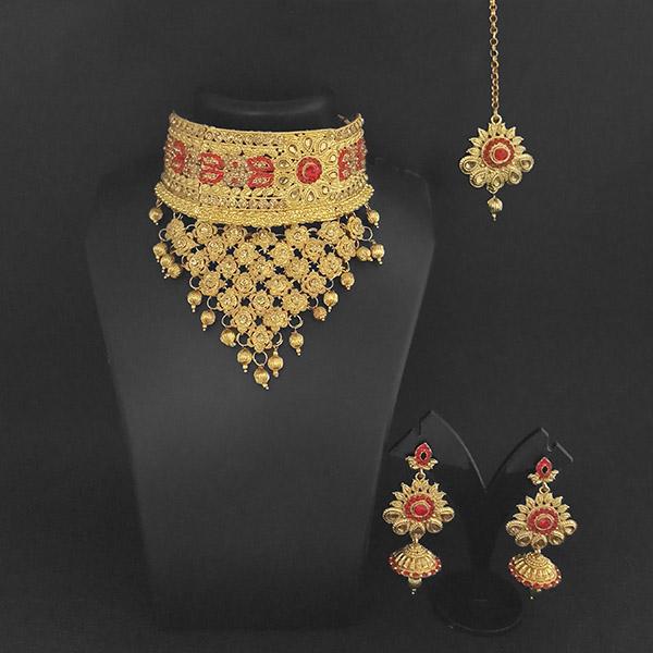 Kriaa Gold Plated Austrian Stone Choker Necklace Set With Maang Tikka - 1113630